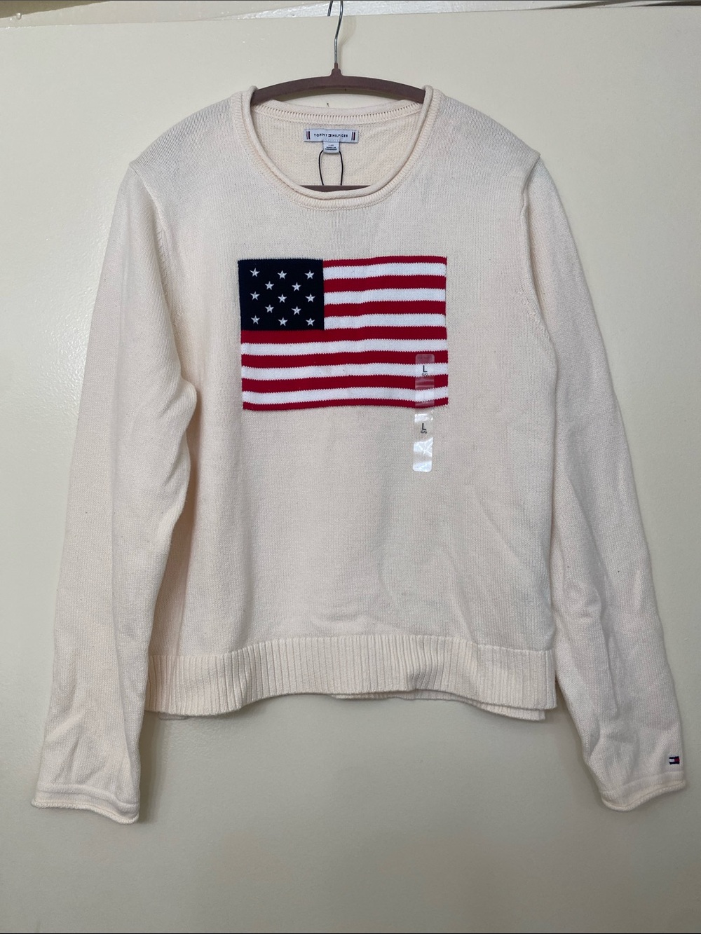 Tommy Hilfiger Cream Crewneck Sweater with Red & Blue Flag